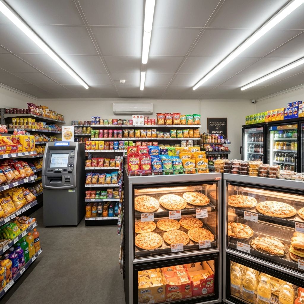 Interior of Goomboorian Travel Stop — well-stocked convenience store with hot food counter and ATM