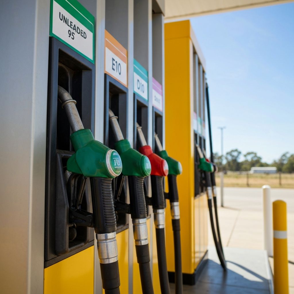 Fuel pump bowsers at Goomboorian Travel Stop showing unleaded 95, E10 and diesel options